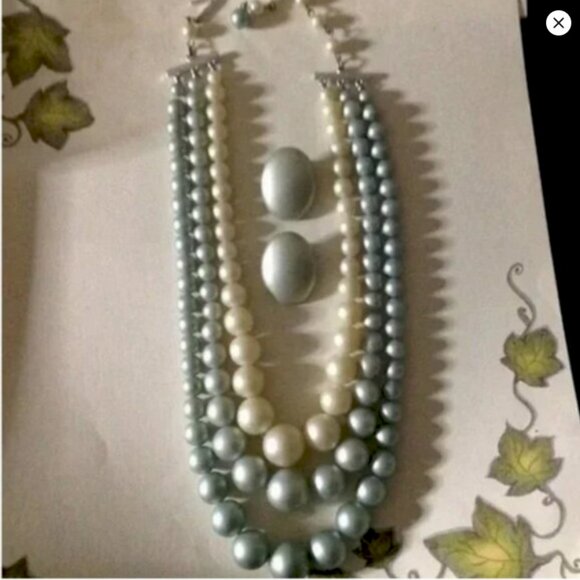 Vintage Three Strand Pearl Tone Matte` Blue Faux Pearl Necklace with Earrings - Picture 1 of 1